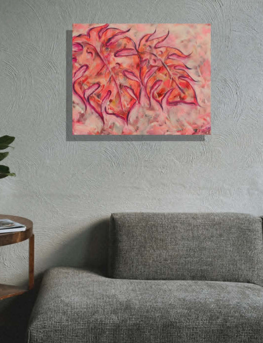 semi-abstract graffiti style pink painting of monster deliciosa leaf leaves